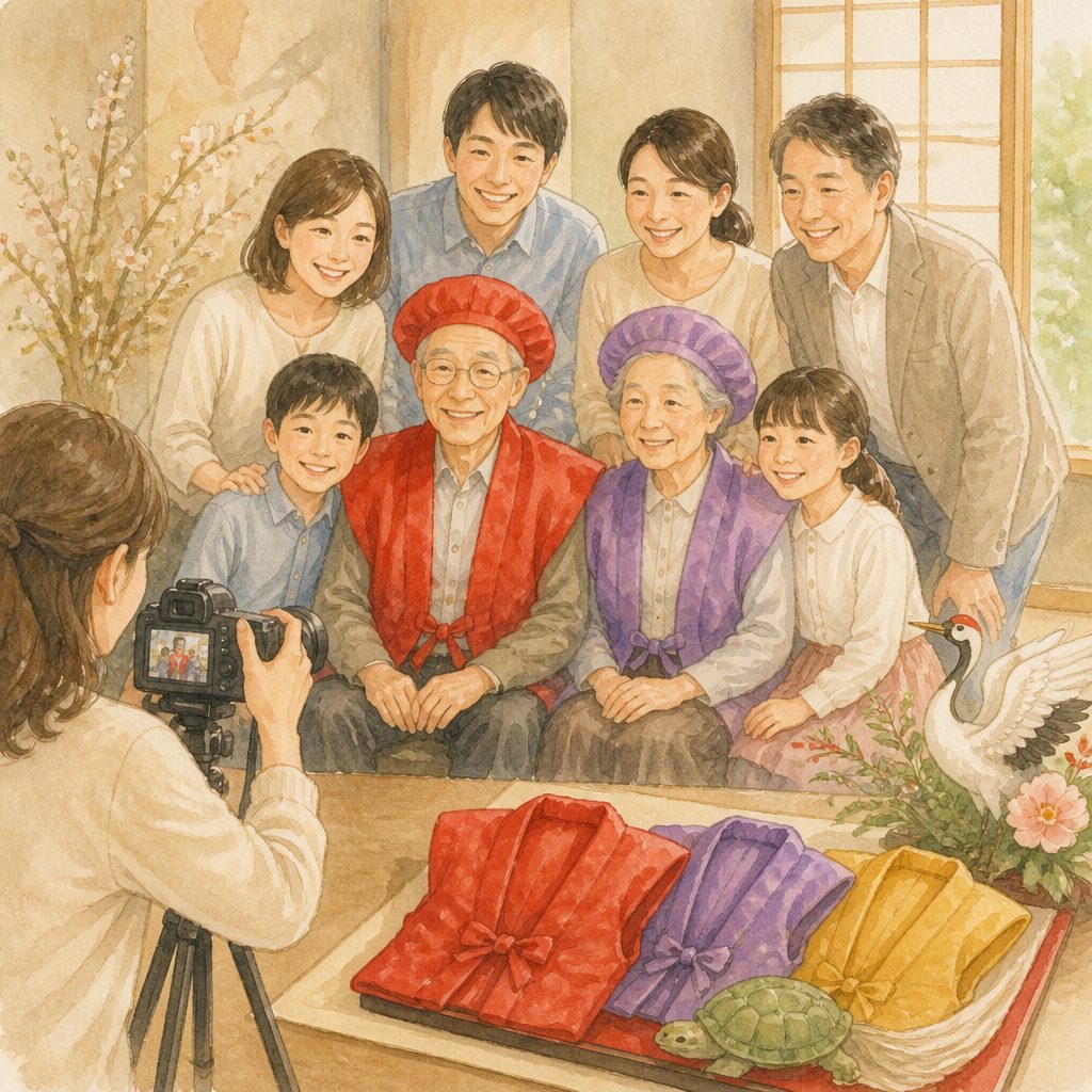還暦・古稀・喜寿…長寿祝いの家族写真、いつ撮る？年齢と由来の早見表のイメージイラスト