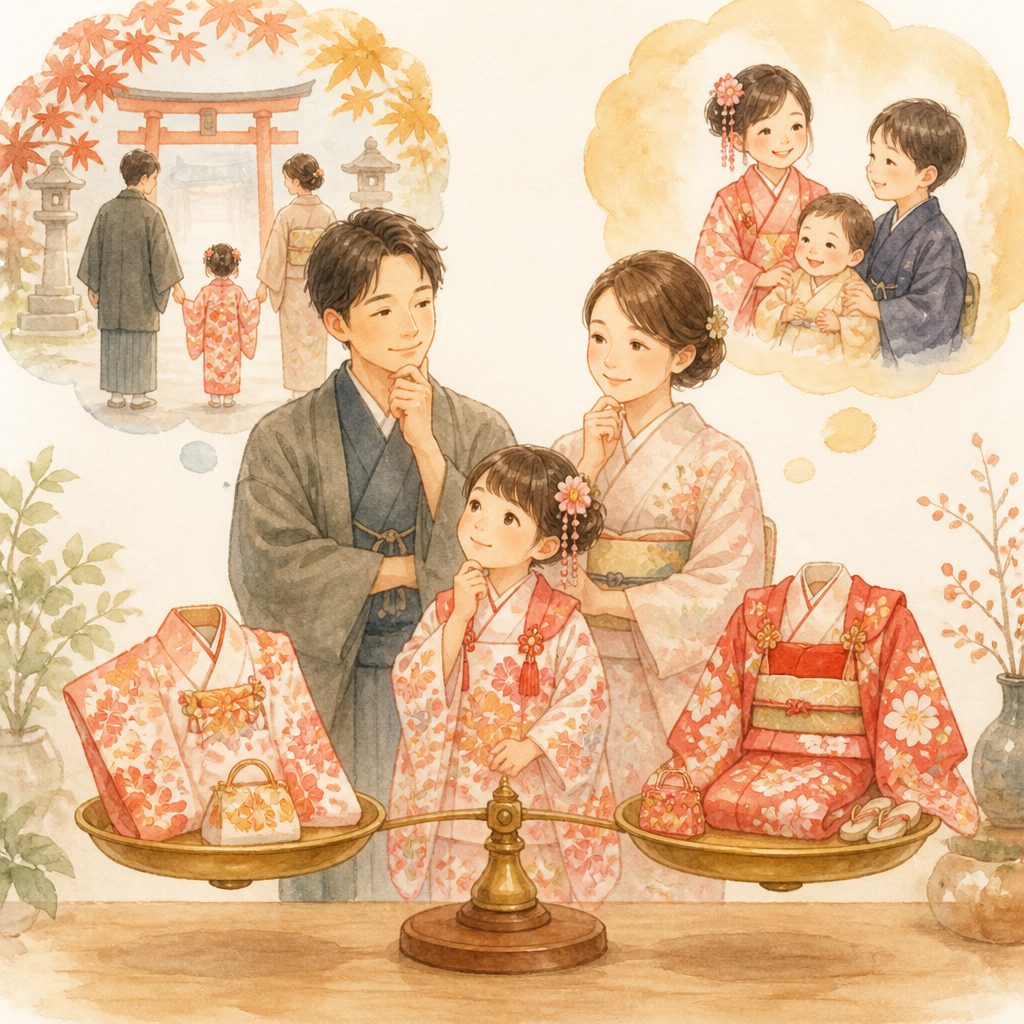七五三の着物はレンタルと購入どっちが得？費用で比較のイメージイラスト