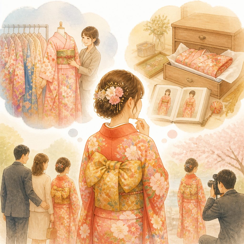 成人式の振袖はレンタルと購入どっちが得？費用の内訳で比べるのイメージイラスト