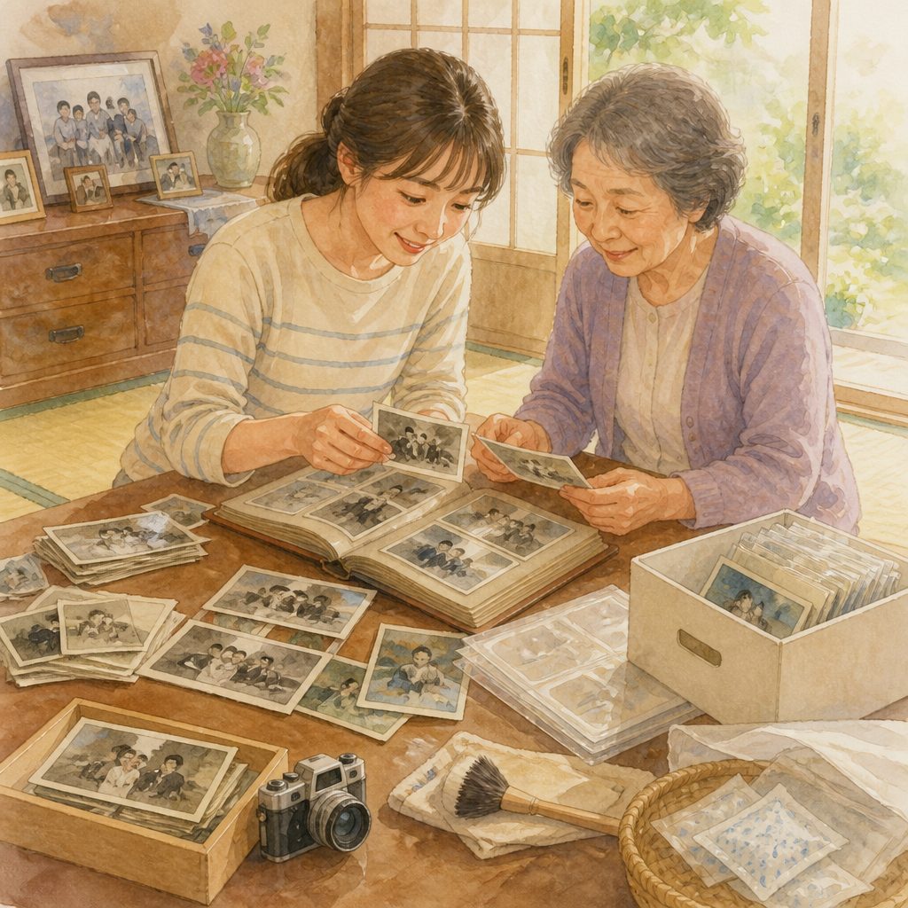 実家の古い写真、帰省中にどう整理する?色あせ・カビを防ぐにはのイメージイラスト