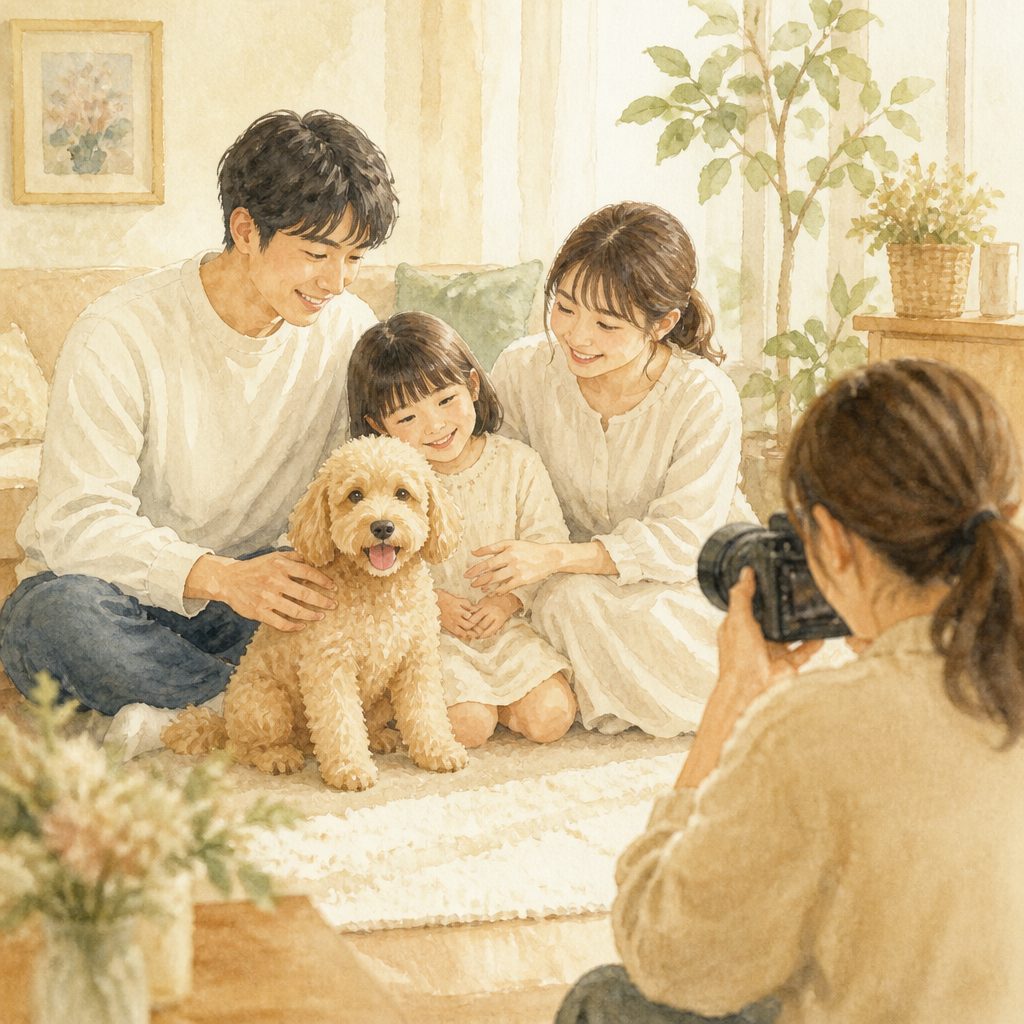 ペットも一緒に家族写真を撮るなら知っておきたいコツのイメージイラスト