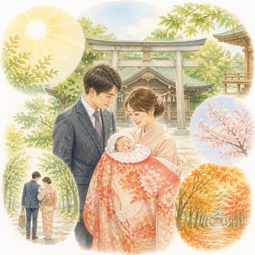お宮参りは真夏を避けてもいい？時期をずらす家庭が増えている理由のイメージイラスト