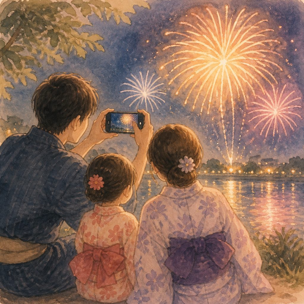 花火をスマホできれいに撮るコツ｜設定とタイミングの正解のイメージイラスト