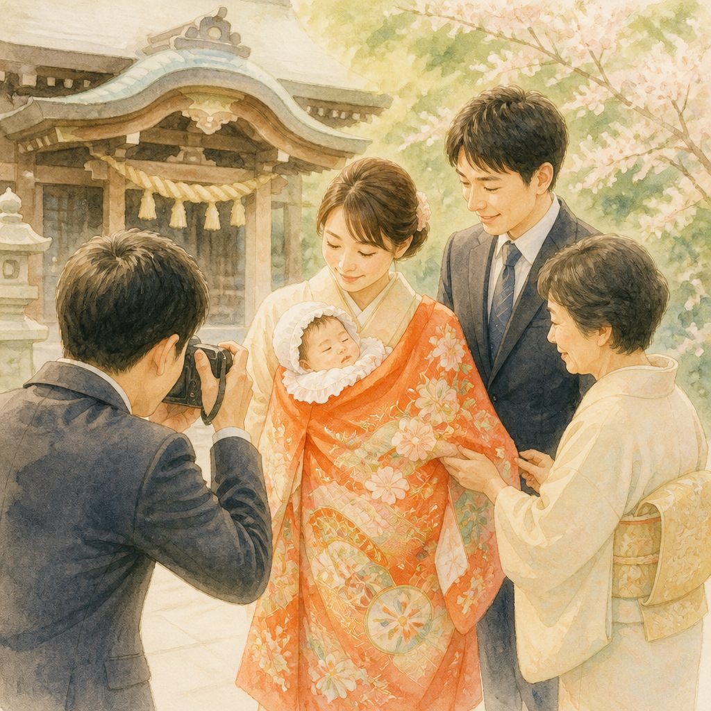 お宮参りの祝い着、用意するのは誰？抱くのは誰？のイメージイラスト