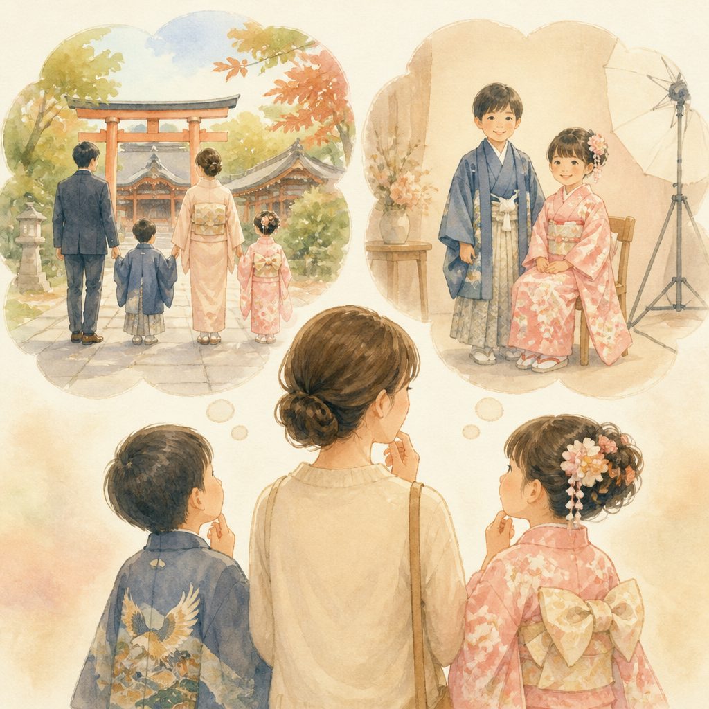 七五三は出張撮影とスタジオ、どっちがいい？選び方のイメージイラスト