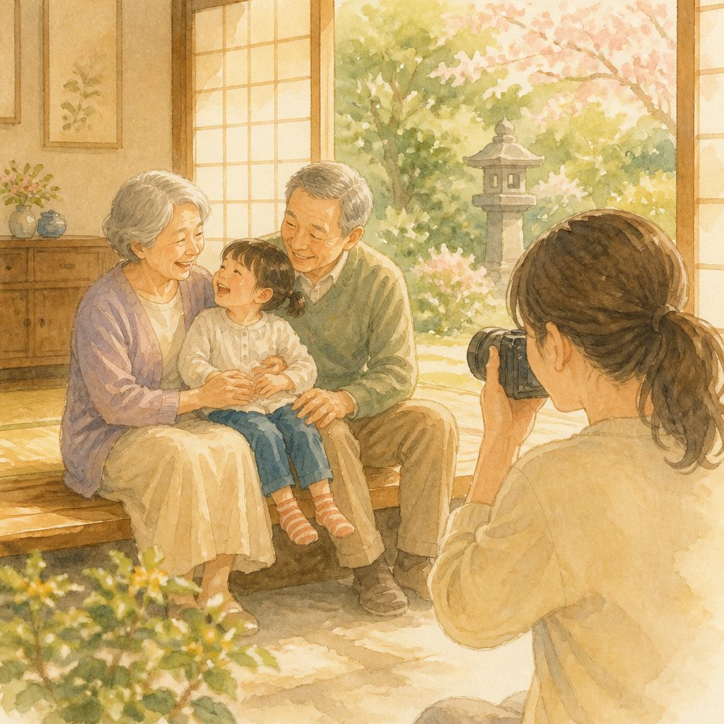 帰省中の祖父母と孫の写真、自然な表情を引き出すコツのイメージイラスト