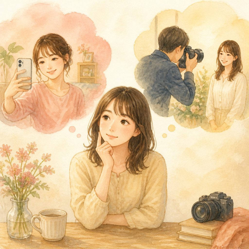プロフィール写真、自撮りとプロ撮影どっちがいい？のイメージイラスト