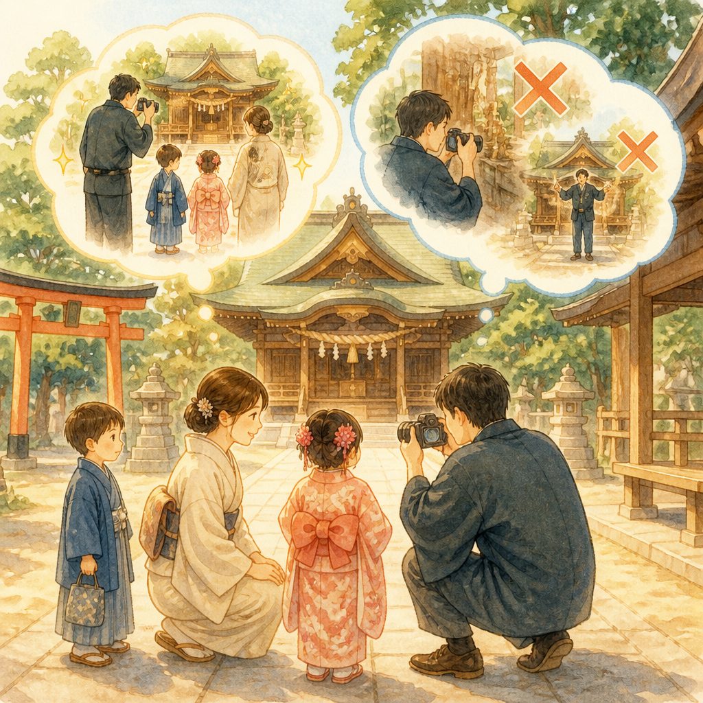 神社での写真撮影マナー｜撮っていい場所とNG行為のイメージイラスト