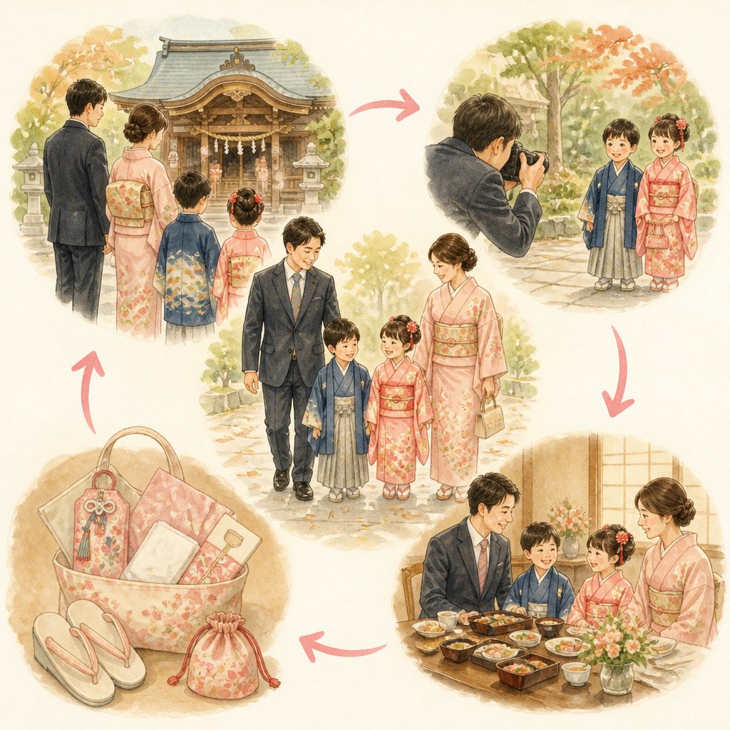 七五三当日の流れは？参拝・撮影・食事の順番と持ち物のイメージイラスト