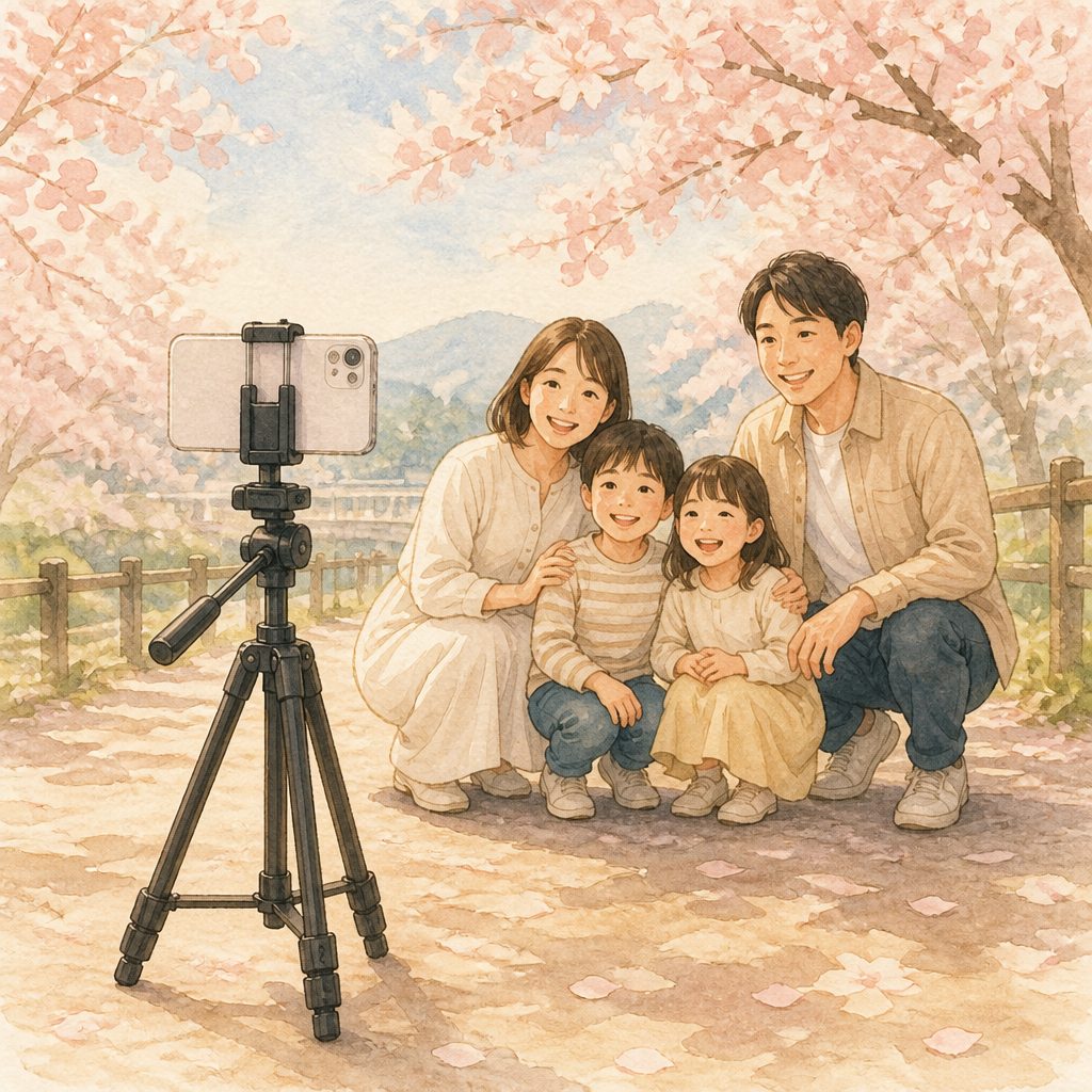 スマホ用三脚の選び方｜家族写真に自分も入るための道具のイメージイラスト