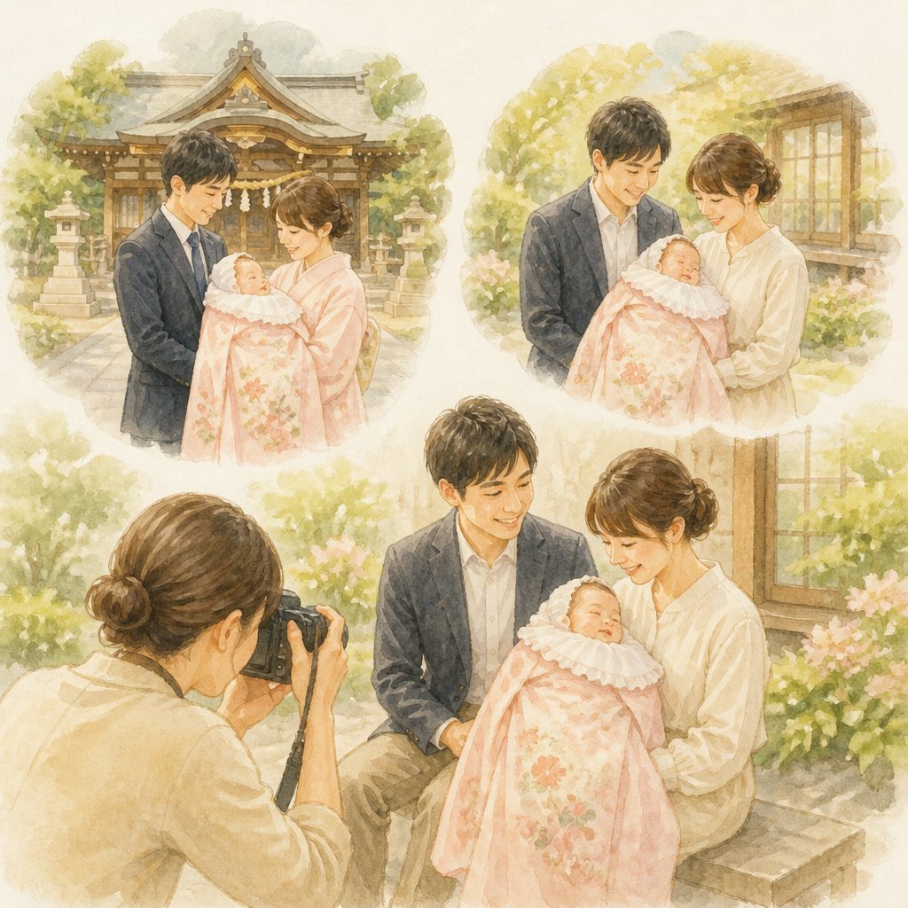 お宮参りの写真はいつ撮る？参拝と別日にする選び方のイメージイラスト