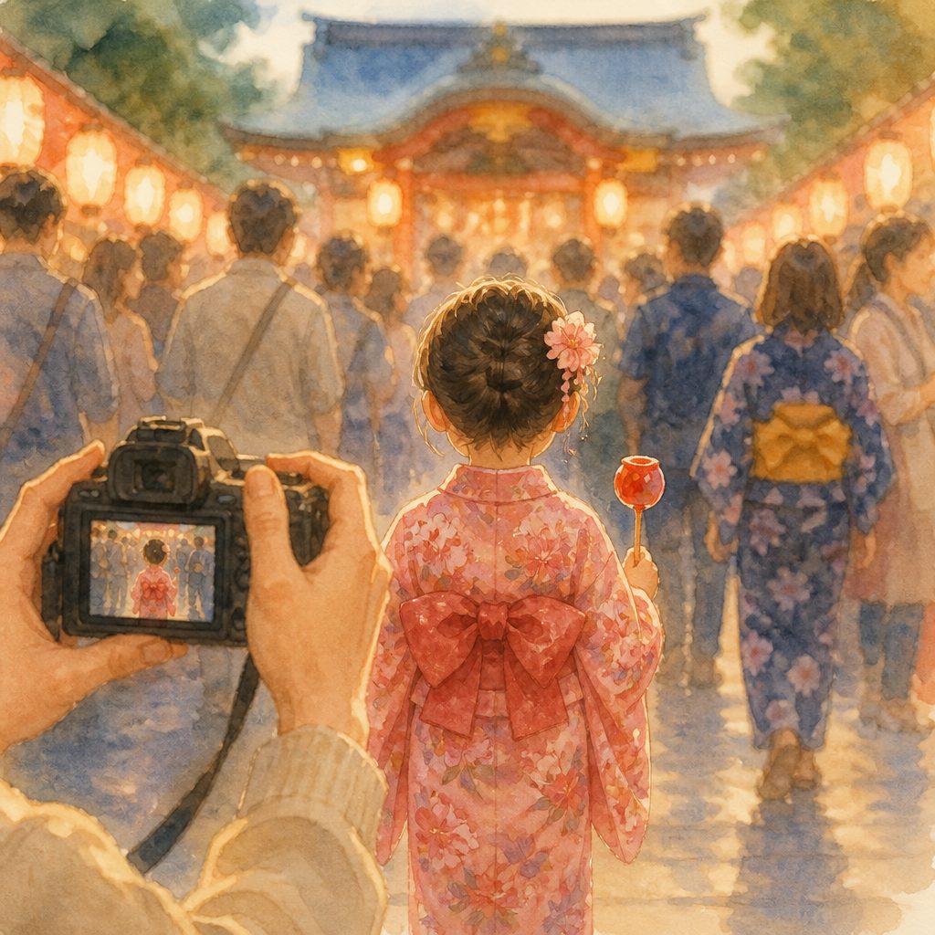 秋祭りの子ども写真、人混みでも残せる一枚の撮り方のイメージイラスト