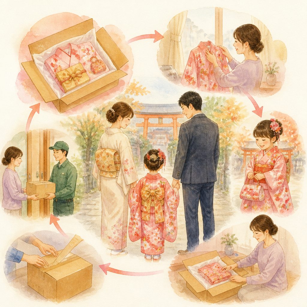 七五三の着物、宅配レンタルもあり？受け取りと返却の流れのイメージイラスト