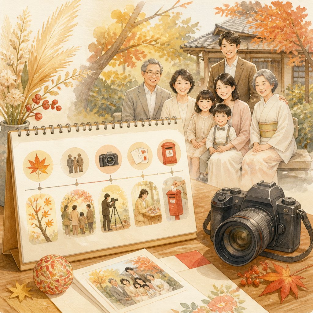 年賀状の家族写真はいつ撮る?投函日から逆算する秋の段取りのイメージイラスト