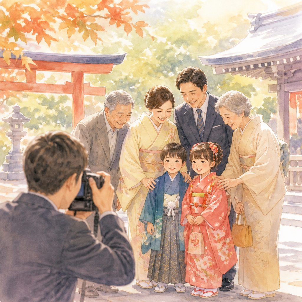 七五三に祖父母も誘う?段取りと当日の配慮のイメージイラスト