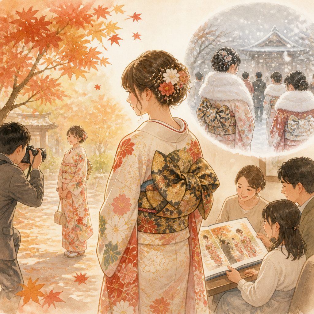 2027年の成人式はいつ?前撮りを秋のうちに済ませる理由のイメージイラスト