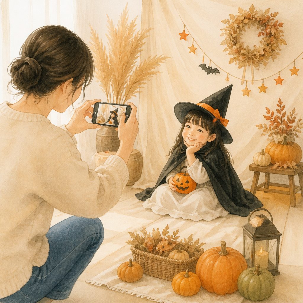 ハロウィンの子ども写真、おうちでどう撮る?背景と小物のコツのイメージイラスト