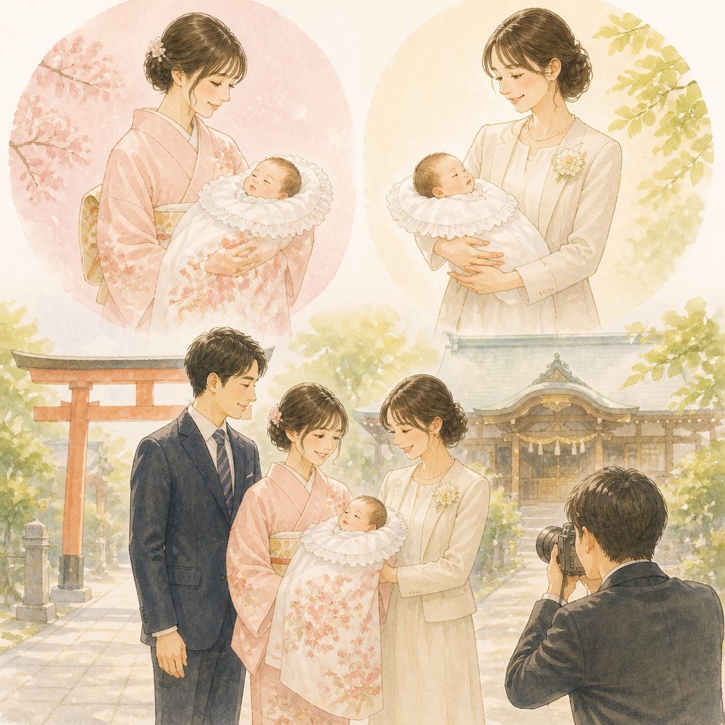 お宮参りの母親の服装、和装と洋装どちらを選ぶ?のイメージイラスト