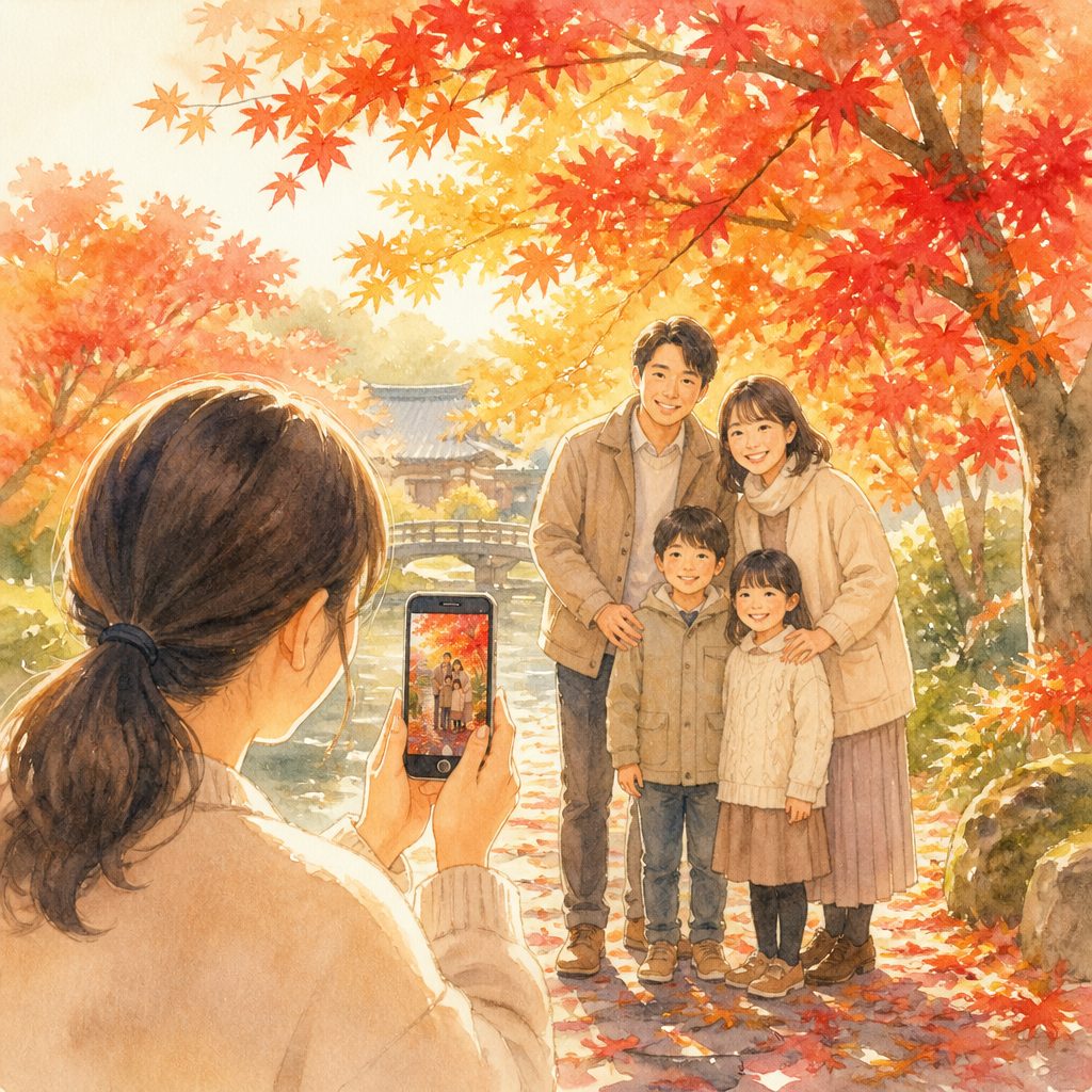 紅葉の家族写真、スマホで鮮やかに撮るには？光と時間のコツのイメージイラスト
