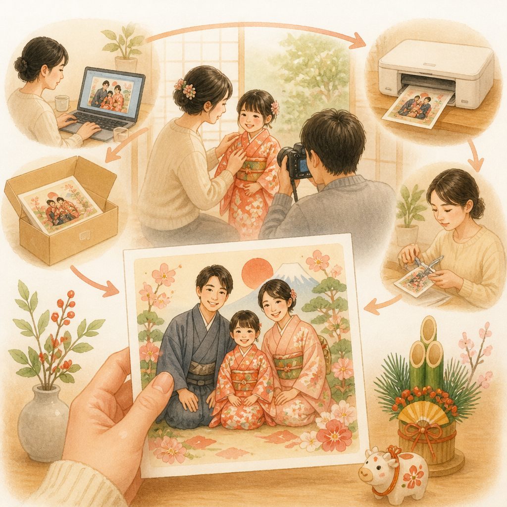 写真入り年賀状はどう作る?ネット注文と自宅印刷の違いのイメージイラスト